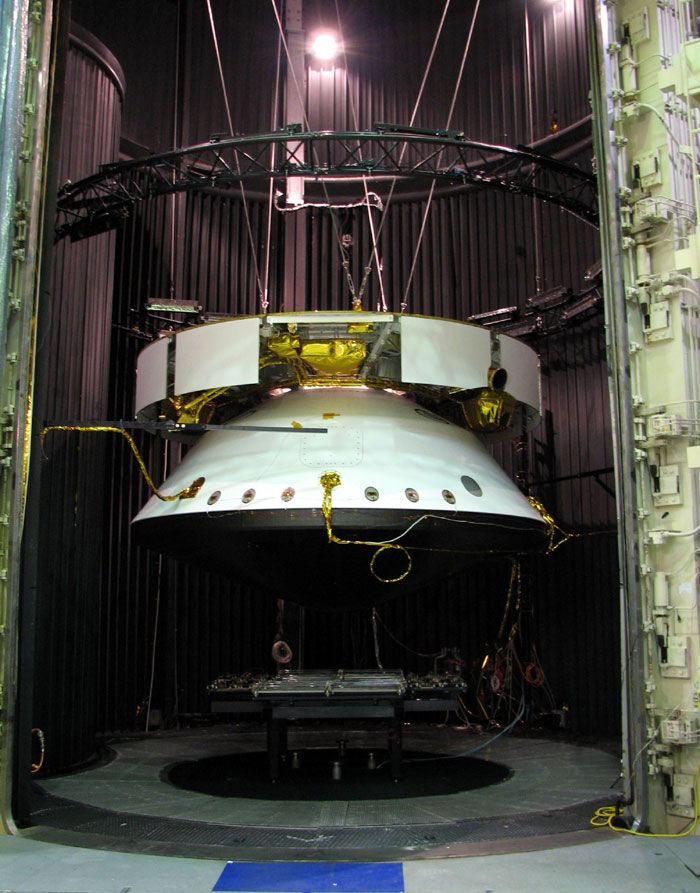 The entire MSL entry vehicle undergoes testing inside a thermal vacuum chamber at NASA's Jet Propulsion Laboratory in California.