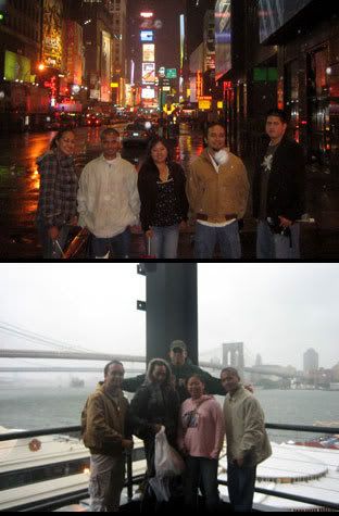 IMAGE 1: Me and my friends posing in front of Times Square.  IMAGE 2: Me and my friends posing in front of the Brooklyn Bridge... Lousy rain.