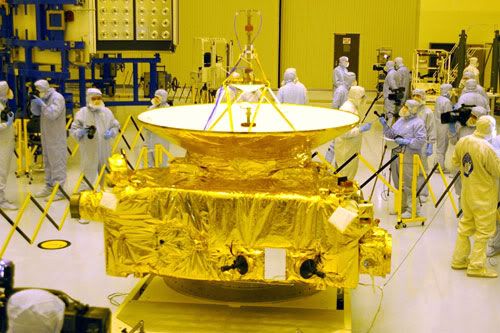 At Kennedy Space Center in Florida, the New Horizons spacecraft is put on display for a media junket back in November of last year.