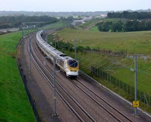 A Eurostar train travels on the Channel Tunnel Rail Link in England.