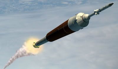 An artist's concept of the ARES 1 launch vehicle, with Lockheed Martin's version of the ORION spacecraft on top of it.