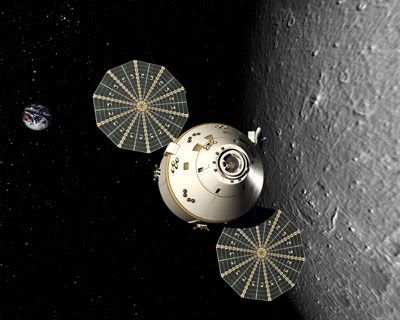 An artist's concept of the ORION spacecraft in lunar orbit.