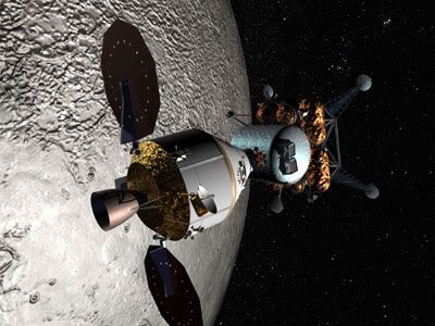 An artist's concept of the ORION spacecraft and Lunar Surface Access Module (lunar lander) in Moon orbit.
