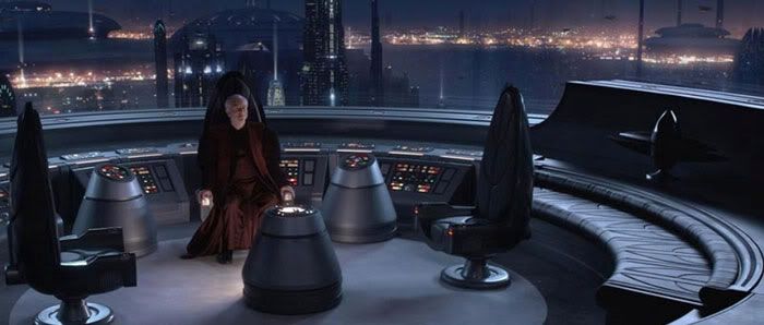 Chancellor Palpatine turns to see who his new arrivals are.