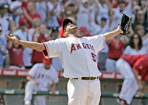 The Angels' Francisco Rodriguez reacts after striking out New York's Hideki Matsui Wednesday at Angel Stadium to wrap up a 4-2 victory over the Yankees.