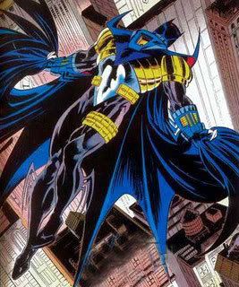 Azrael-Batman soars over Gotham.