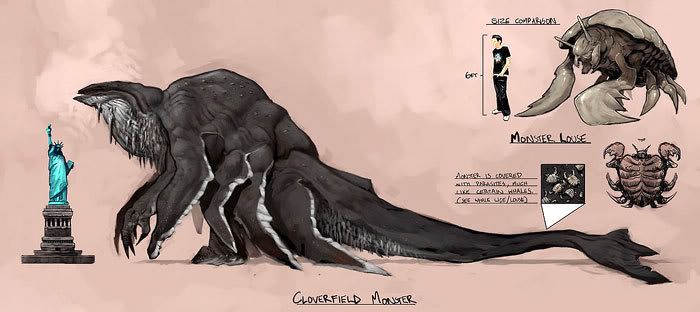 Concept art depicting the CLOVERFIELD creature and its tick-like 'Monster Louse'.