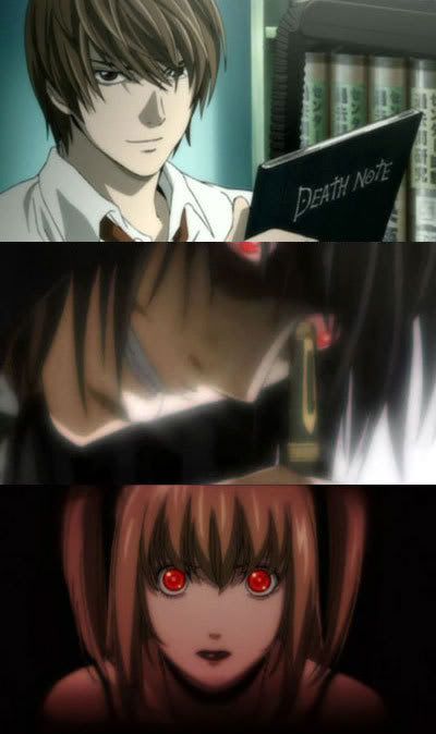 Kira with the Death Note.  Mikami Teru, the final Kira, jots down a victim's name in his Death Note.  The second Kira with the 'Shinigami Eyes'.