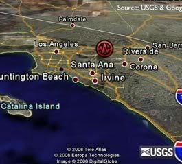 A 5.4-magnitude earthquake strikes Southern California at 11:42 AM, on July 29, 2008.