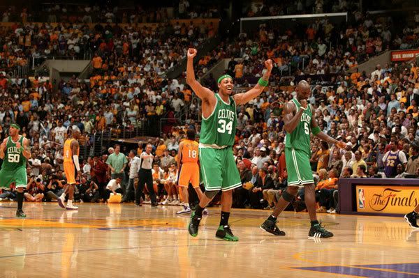 Paul Pierce celebrates after the Boston Celtics come back from a 24-point deficit to win, 97-91, in Game 4 at Staples Center on June 12, 2008.