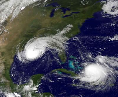 This August 31, 2008 NOAA GOES 12 satellite image shows Hurricane Gustav (L). Over a million people in New Orleans were evacuated ahead of the giant storm, which made landfall on the U.S. Gulf Coast on September 1. At right is Tropical Storm-turned-Hurricane Hanna.
