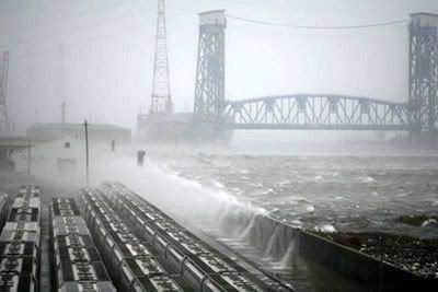 Water splashes over the Industrial Canal levee in New Orleans, during Hurricane Gustav.