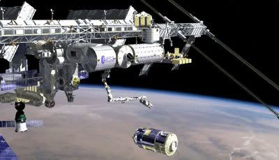 An art concept showing Japan's H-II Transfer Vehicle about to be attached to the International Space Station, via Canadarm 2.