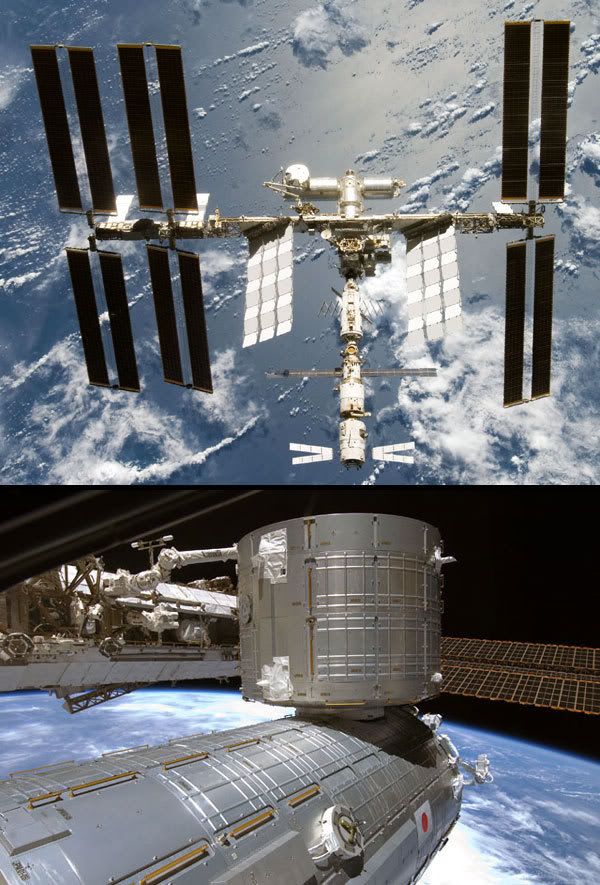 Images of the International Space Station in its most recent configuration, as of June 13, 2008.