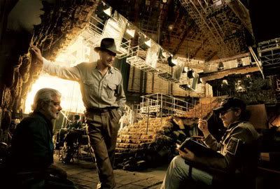 Harrison Ford chatting with executive producer George Lucas and director Steven Spielberg on the Indy film set in Los Angeles.