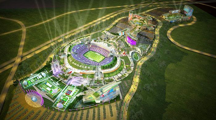 In this computer-generated art concept, spotlights shine high above the Los Angeles Football Stadium during an NFL game.