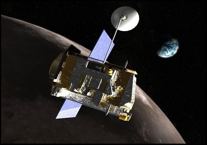 Artist's concept of the Lunar Reconnaissance Orbiter circling above the Moon.