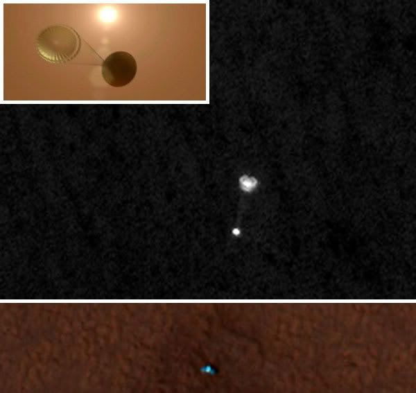 NASA's Mars Reconnaissance Orbiter photographs Phoenix before and after it lands on the Martian surface.