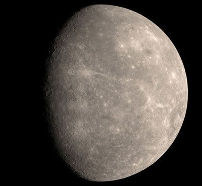 An image of Mercury taken by NASA's MESSENGER spacecraft, which flew past the innermost planet on January 14 of this year.