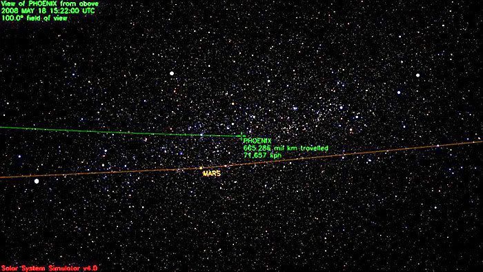 This image marks the path traveled by the Phoenix spacecraft as of 8:22 AM, Pacific Daylight Time, on May 18, 2008.  It has flown a distance of 413 million miles since launch...at a speed of 44,523 miles per hour.