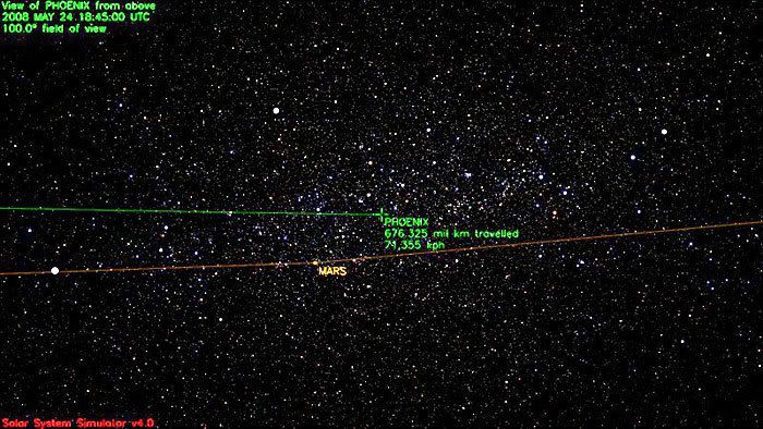 This image marks the path traveled by the Phoenix spacecraft as of 11:45 AM, Pacific Daylight Time, on May 24, 2008.  It has flown a distance of 420 million miles since launch...at a speed of 44,347 miles per hour.