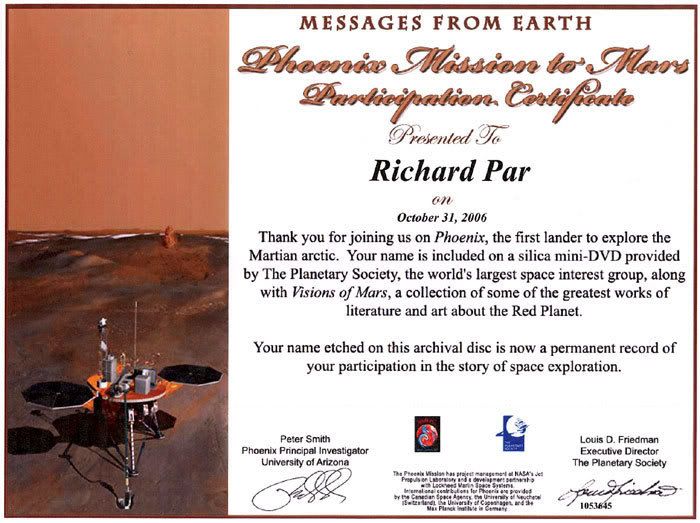 A certificate commemorating the fact that my name is now freezing on the North Pole of Mars.