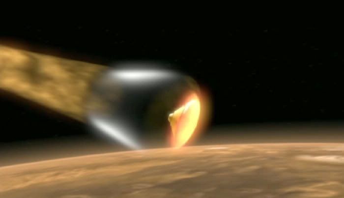 Computer-generated image showing Phoenix entering Mars' atmosphere.