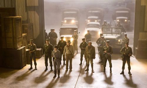 Soviet agents dressed as American soldiers escort Indy into an Area 51 hangar in INDIANA JONES AND THE KINGDOM OF THE CRYSTAL SKULL.
