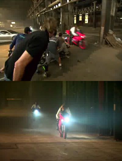 TOP PIC: Michael Bay films an Arcee bike in action.  BOTTOM PIC: Glimpses of two of the Arcee bikes.