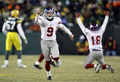 The New York Giants' Lawrence Tyne celebrates after kicking the winning field goal that allowed the Giants to win the National Football Conference championship...and pitting NY against Tom Brady and the New England Patriots in Super Bowl XLII (on February 3 in Glendale, Arizona).