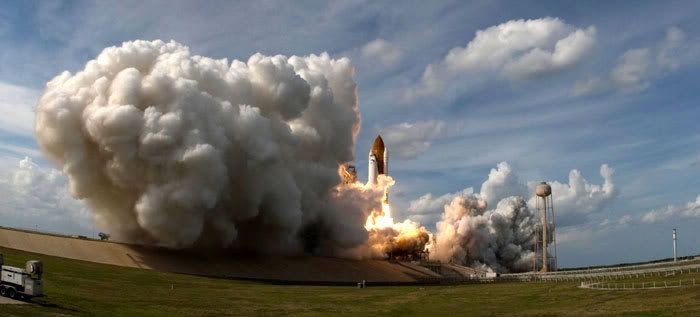 Space shuttle Atlantis lifts off from Florida's Kennedy Space Center on flight STS-122 on February 7, 2008.  Astronauts onboard the shuttle will attached the European Space Agency's Columbus science lab to the International Space Station.