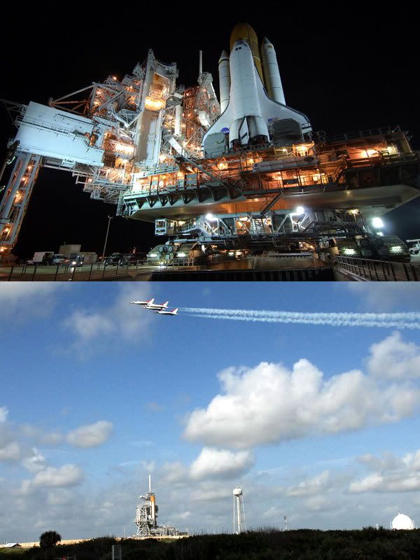 TOP PHOTO: Space shuttle Endeavour arrives at Launch Pad 39-A around 1:45 AM, PST, today.  SECOND PHOTO: The U.S. Air Force's Thunderbirds fly over Endeavour at its launch pad to commemorate NASA's 50th anniversary.  The flyby took place around 7:15 AM, PST, today.