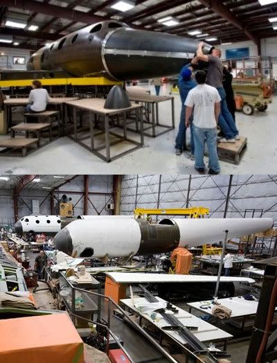 SpaceShipTwo and White Knight II undergoing construction at the Scaled Composites facility.