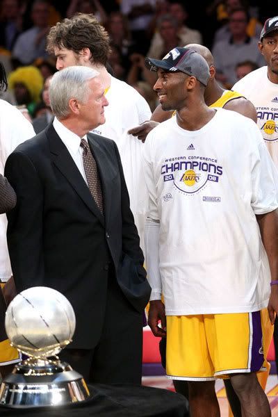 Los Angeles Lakers legend Jerry West and Kobe Bryant of the Los Angeles Lakers smiles after defeating the San Antonio Spurs in Game 5 of the Western Conference Finals during the 2008 NBA Playoffs on May 29, 2008 at Staples Center in Los Angeles, California. The Lakers won 100-92.