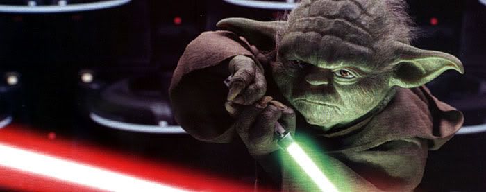 Yoda confronts Darth Sidious in the Senate chamber.