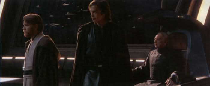 Obi-Wan and Anakin stare at an unseen enemy as they attempt to rescue Chancellor Palpatine.