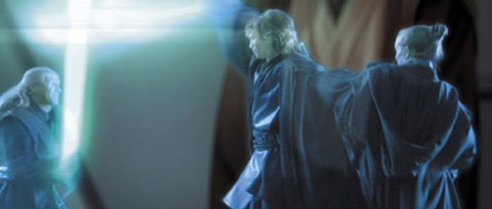 Obi-Wan watches a hologram of Anakin taking on Cin Drallig and another Jedi Knight in REVENGE OF THE SITH.