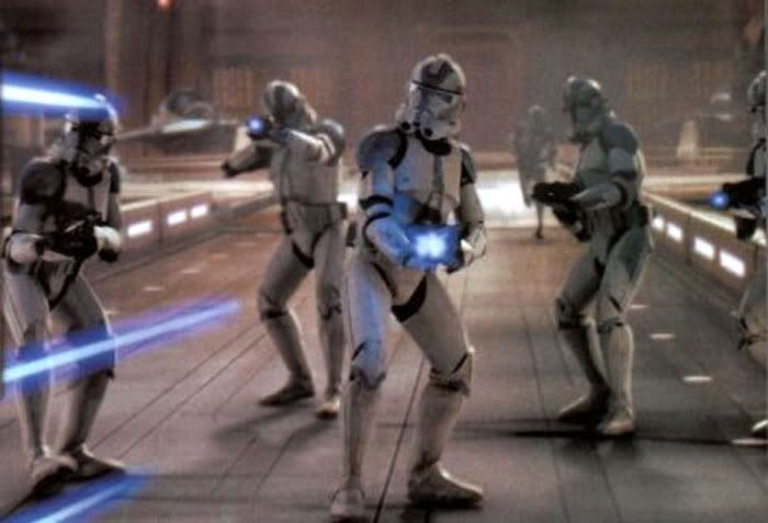 Clones open fire on a Youngling outside the Jedi Temple in REVENGE OF THE SITH.