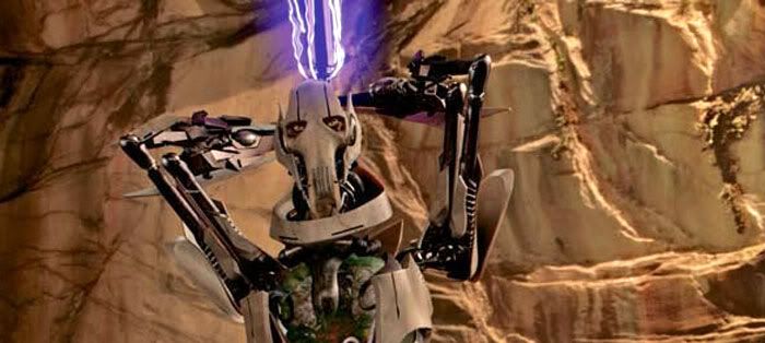 General Grievous, his gutsack exposed, wields an electrostaff in REVENGE OF THE SITH.