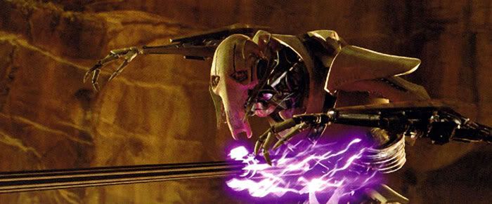 General Grievous is hit in the abdomen with an electrostaff in REVENGE OF THE SITH.