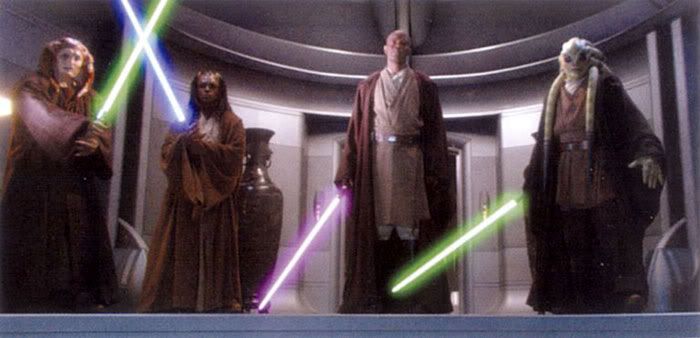 Mace and his posse draw out their sabers as they prepare to confront Palpatine.