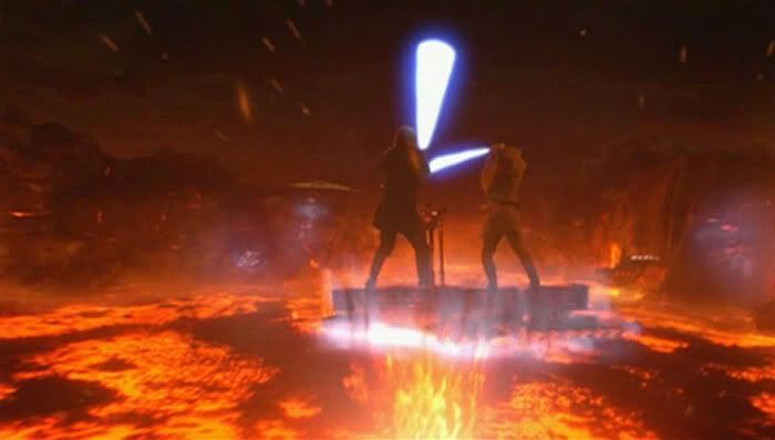 Anakin and Obi-Wan dueling atop a floating lava platform in REVENGE OF THE SITH.