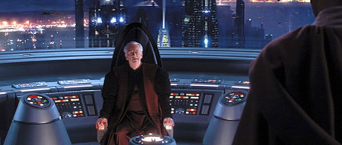 Chancellor Palpatine confronts Mace Windu in his office.