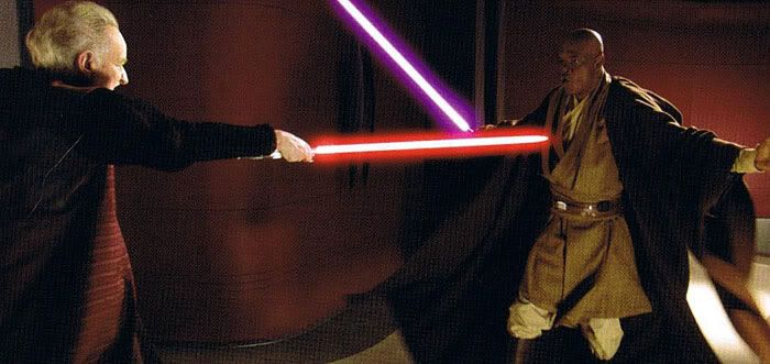 Palpatine takes on Mace Windu in REVENGE OF THE SITH.