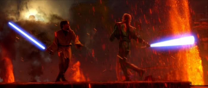 Lightsabers clash on Mustafar in REVENGE OF THE SITH.