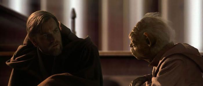 Obi-Wan and Yoda confer in the Jedi Temple.