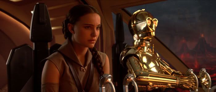 Padme looking somber as her ship arrives on Mustafar in REVENGE OF THE SITH.