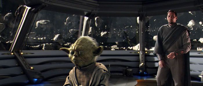 Bail Organa and Yoda confer in an observation room of the Polis Massan medical facility.