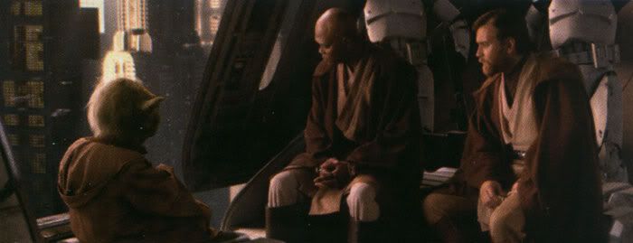 Mace Windu, Yoda and Obi-Wan Kenobi confer onboard a Republic Gunship following the rescue of Chancellor Palpatine.