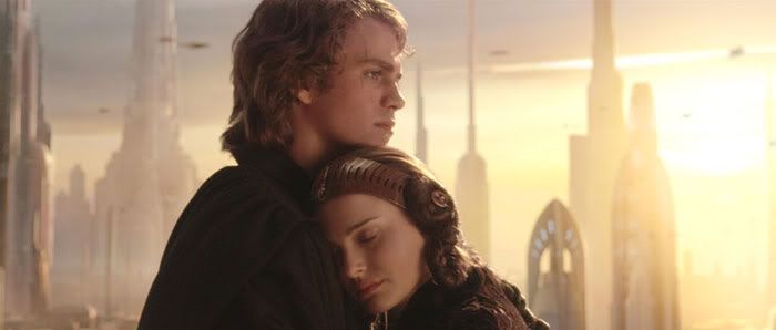 Anakin and Padme share a tender moment on Coruscant.